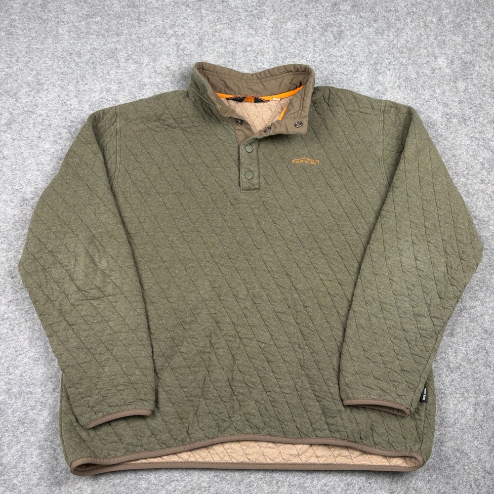 Orvis Trout Bum Pullover Mens Large Quilted Snap Neck Green Outdoor Sweatshirt